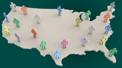 map of the united states with figurines standing on various locations