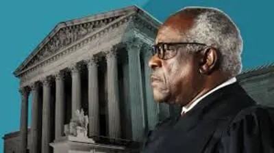photo montage of Clarence Thomas in front of U.S. Supreme Court building